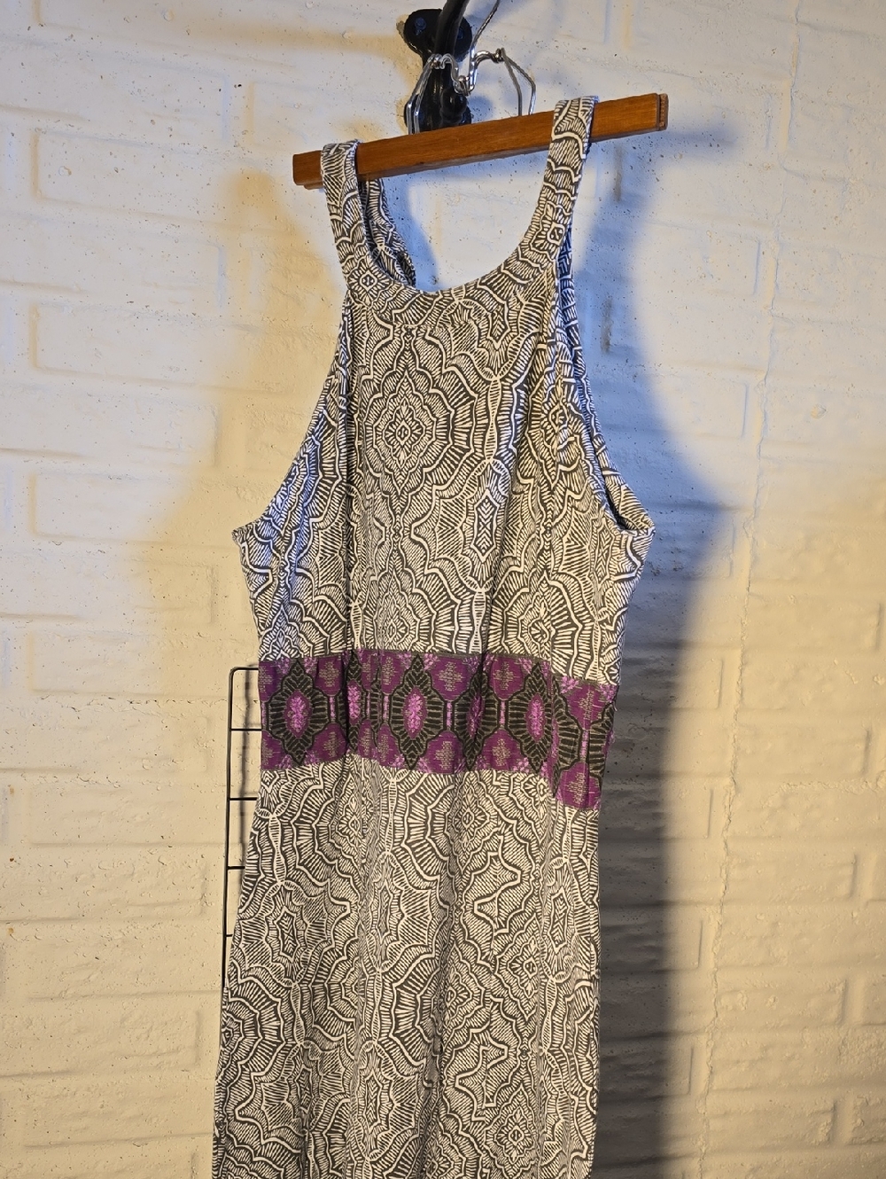 Prana Brown & White Patterned Maxi Dress with Purple Waistband